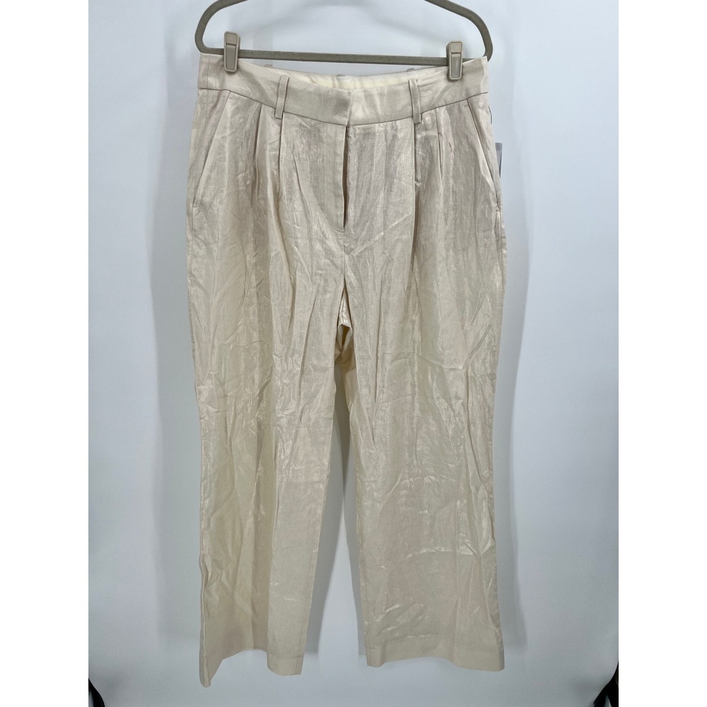 DKNY Linen Blend Wide Leg Shimmer Trouser Pants‎ Cream Ivory NWT Size 14